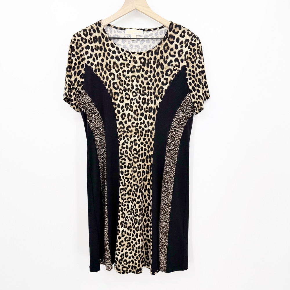 Michael Kors Cheetah Print Colorblock Shift Dress Black Tan L Mob Wife Stretch - Picture 3 of 5